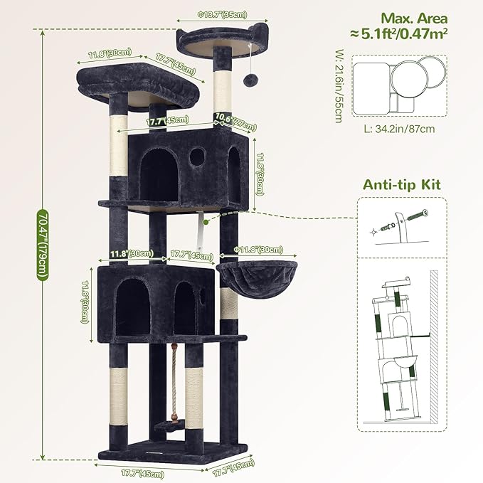 Globlazer Cat Tree, 70 inch Tall Scratching Tower Multi-Level Cat Condo for Indoor Multiple Cats with 2 Large Cat Caves, Top Perch, Large Platform, Bottom Swing, F70B, Dark Grey-Mewly Pet