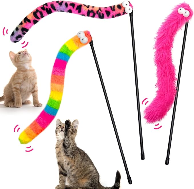 3 Pack Cat Wand Toy, Rainbow Cat Feather Toys with Bells, Teaser Wand with Soft Furry Tail, Interactive Toys for Indoor Cats & Kitten & Kitty-Mewly Pet
