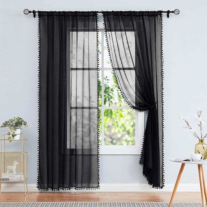 Treatmentex Black Sheer Curtains for Living Room 95" Linen Texture Chic Curtain Panels Pom Pom Trimmed Voile Drapes for Bedroom Office Children's Room 2pcs