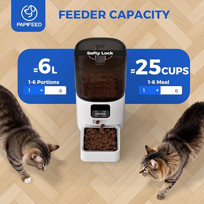 PAPIFEED 6L Automatic Cat & Small Dog Feeder - Programmable Pet Feeder with 36 Daily Meals, Detachable Stainless Steel Bowl, 25 Cup Capacity Smart Food Dispenser for Easy Cleaning-Mewly Pet