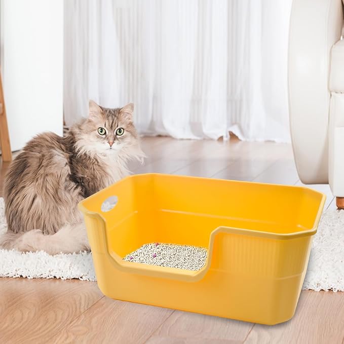 Large Low Entry Litter Box with High Sides,Plastic Cat Litter Pan Open Top Anti-Splashing Kitten Litter Box,Yellow Low Entrance Cat Toilet Easy to Clean-Mewly Pet