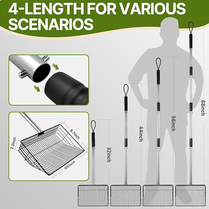 Chicken Poop Scooper with Long Handle- Coop Scoop with 24-68" Adjustable Stainless Handle, 4-in-1 Sifter Shovel for Poultry Waste Cleaning Accessories (Black)-Mewly Pet