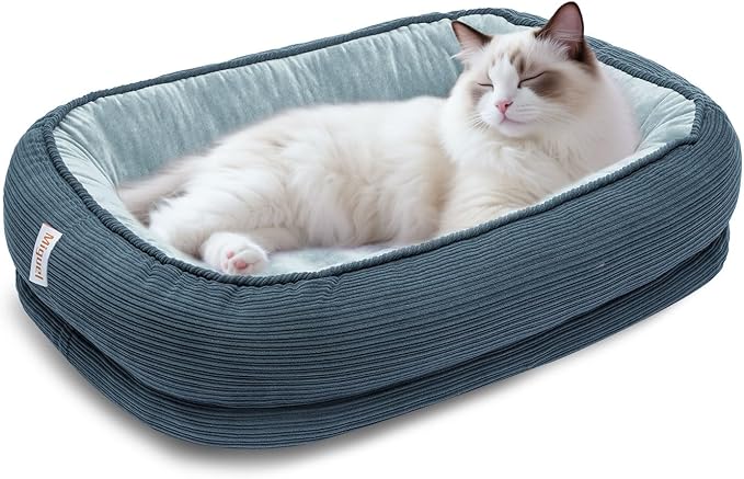 Orthopedic Cat Beds for Indoor Cats, Egg-Crate Memory Foam Pet Sofa with Bolster Sides, Oval Crate Bed, Washable Removable Cover & Non-Slip Bottom, Haze Blue-Mewly Pet