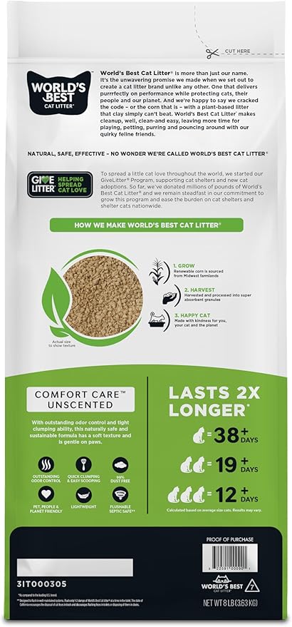 WORLD'S BEST CAT LITTER Comfort Care Unscented, 8-Pounds - Natural Ingredients, Quick Clumping, Flushable, 99% Dust Free & Made in USA - Long-Lasting Odor Control & Easy Scooping-Mewly Pet