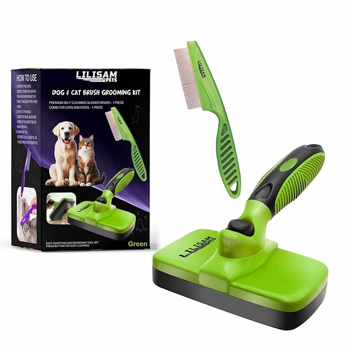 Pet Self Cleaning Slicker Brush and Grooming Comb - Gently Removes Loose Hair, Tangles, and Dirt - Skin Friendly Deshedding Grooming Tool for Hair Dogs & Cats - Pet Supplies Accessories (Green)-Mewly Pet