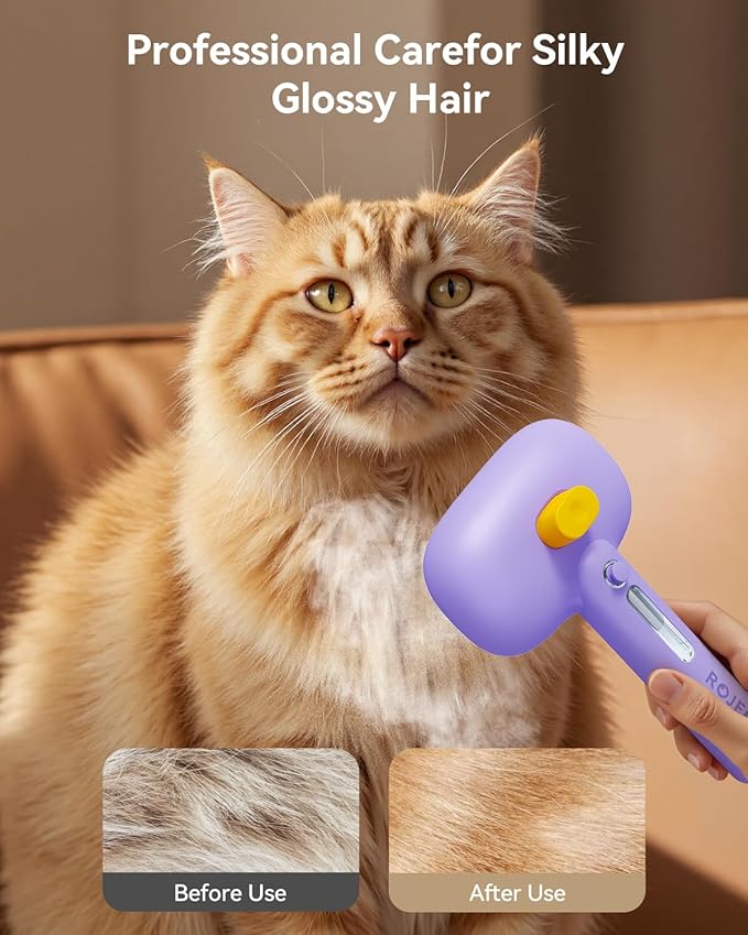 ROJECO 3-in-1 Pet Steam Brush for Cats&Dogs - Detangling Comb with Adjustable Mist, Handheld Deshedding Grooming Tool for Long/Short Hair, Massage Brush & Shedding Control Gift,Cordless,Purple-Mewly Pet