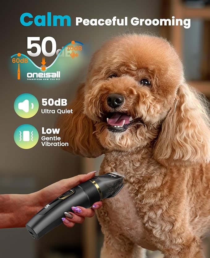 oneisall Dog Clippers Low Noise, Pro Dog Grooming Clippers Kit with Rechargeable Cordless Shaver Trimmer for Dogs Cats, IPX7 Waterproof Pet Clippers Grooming at Home-Mewly Pet