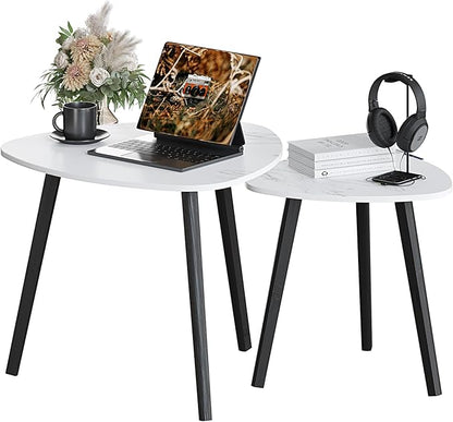 BAMEOS Bamboo Nesting Triangle End Table,Set of 2 Coffee Table Modern Minimalist Side Table for Living Room (Marble White)