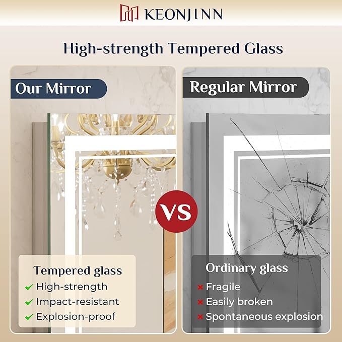 Keonjinn LED Bathroom Mirror 40” x 24” with Frontlit and Backlit, Stepless 3 Colors Temperature & Dimmable Vanity Mirror, UL Listed LED Driver, Double Light Strips, Tempered Glass Mirror with Lights