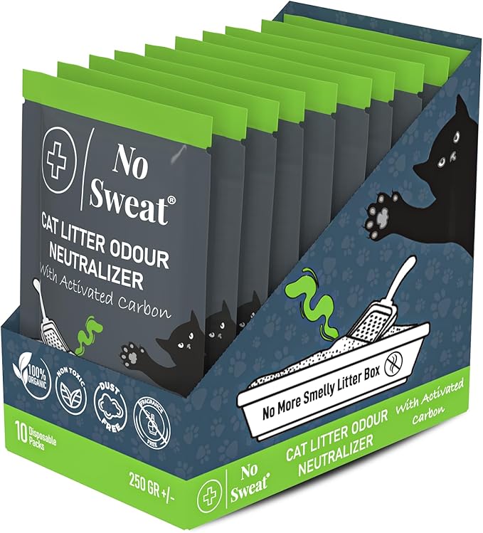 No Sweat Activated Carbon Cat Litter Odour Neutralizer- Made Of Coconut Shell -All Natural - None Chemical,Toxic Ingredients- Non-Scented-Planet Friendly-Disposable 10 Packs in One Box 250 GR-Mewly Pet
