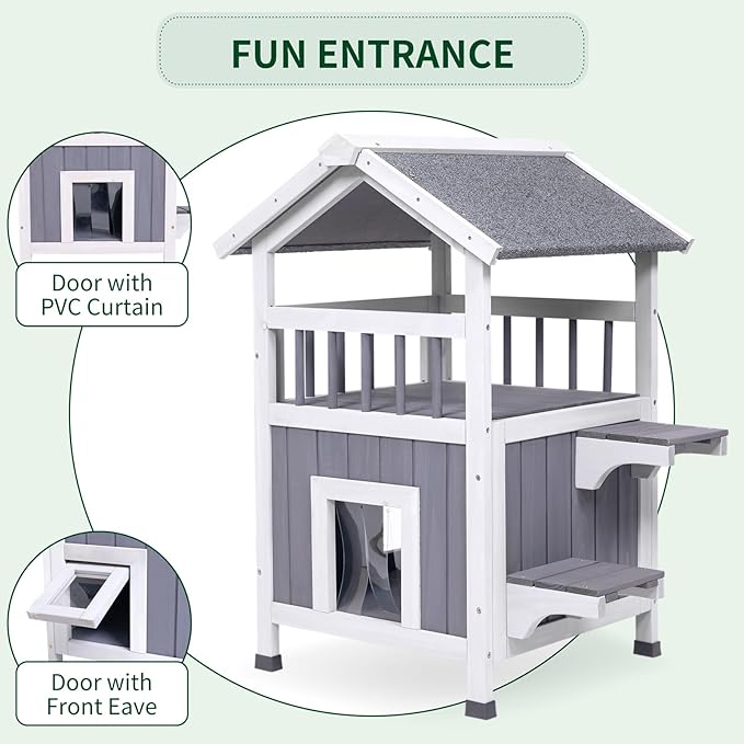 GEGURI Outdoor Cat House Weatherproof, Wooden Two-Story Feral Cat Shelter with, Escape Door, Balcony-Mewly Pet