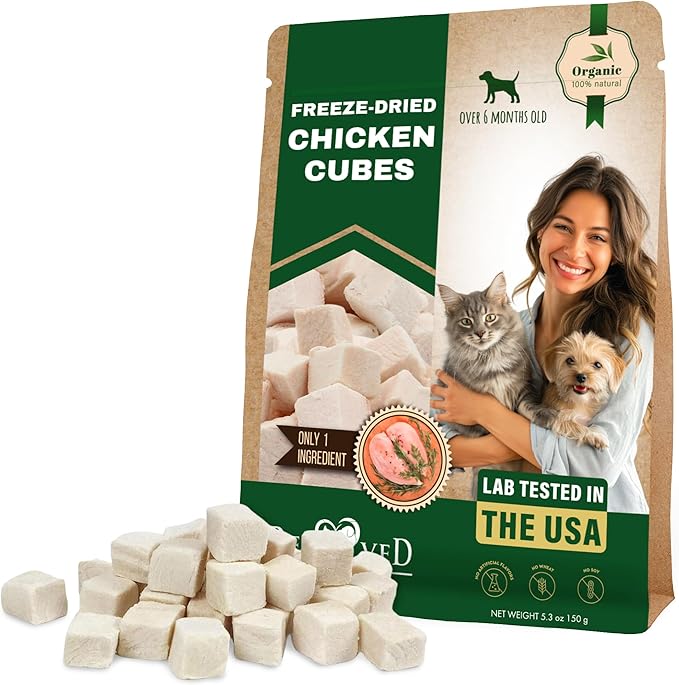 Beloved Pets Dog & Cat Treats Freeze Dried Chicken Cubes 5.3 oz - All Natural Meat Raw Pet Food - Human Grade High-Protein Snacks & Grain-Free Jerky Chews for Cats and Small Dogs-Mewly Pet