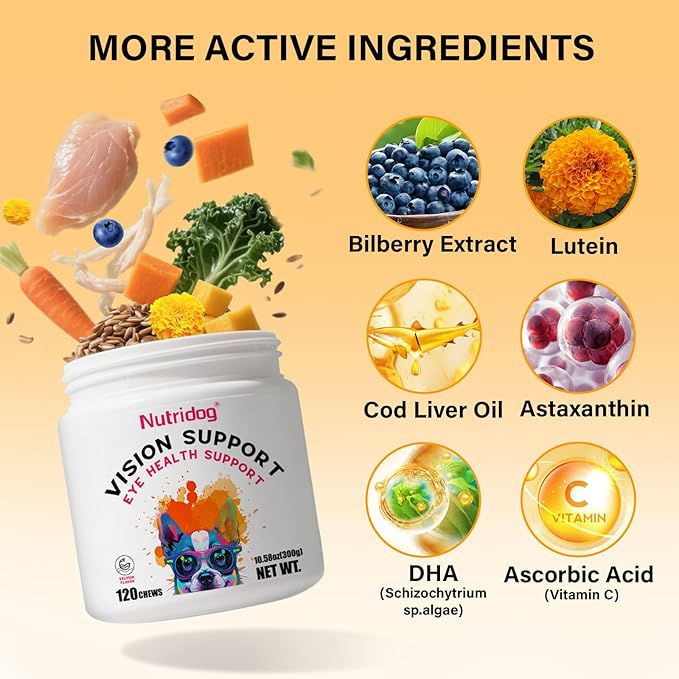 Eye Supplements for Dogs - Vision Support Soft Chews with Lutein, DHA & Vitamin C | 120ct Salmon Flavor Tear Stain Chews | Cataract & Dry Eye Relief Supplement (120 Ct, Salmon)-Mewly Pet