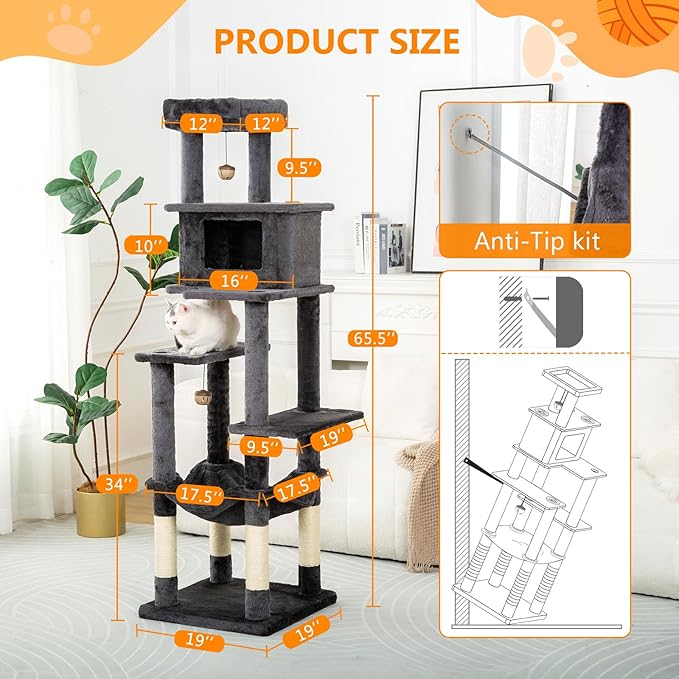 KITTY KINGDOM 65in Large Cat Tree Condo Furniture for Indoor Kitties, Multi-Level Cat Tower with 4 Scratching Posts, Cat Cave, Hammock, Perch & Reinforced Base, Plush Gray-Mewly Pet