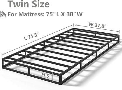 Qingzhou Box Spring Twin, 5 Inch High Metal Twin Box Spring Only, Heavy Duty Mattress Foundation with Fabric Cover, Easy Assembly, Quiet Noise Free, Non Slip, Black