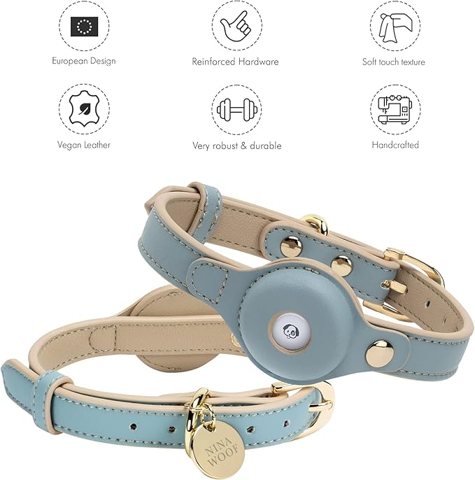 Cupertino Dog Collars, Harnesses & Leashes Made from Vegan Leather with Dog Tracker Device Holder Adjustable Dog Collar - Color Blue, Large-Mewly Pet
