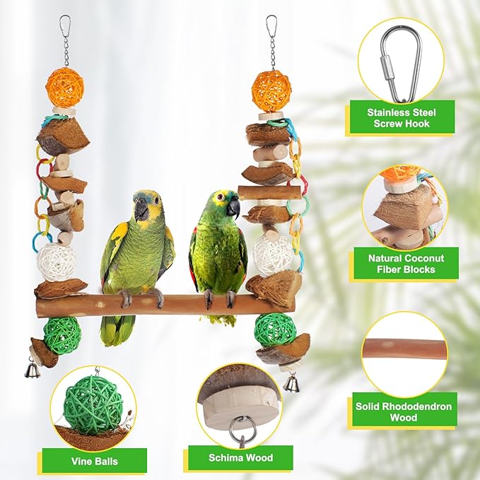 3-in-1 Parrot Toys Natural Coconut Fiber Parrot Hammock (Swing + Perch + Chew Toy) Natural Bird Perches for Medium Large Birds - 23" Bird Toys for Parrots Stand-Mewly Pet