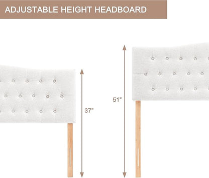 Tufted Upholstered Headboard Twin Size, Sturdy and Durable Solid Wood Twin XL headboard, Fabric Headboard Adjustable Height from 37” to 51”, Modern Button Diamond Design Head Board, White
