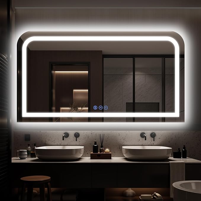 LED Bathroom Mirror, 60"x 36" LED Mirror with Lights for Bathroom, Lighted Vanity Mirrors for Wall, Anti-Fog, Dimmable, Tempered Glass, Memory Function, 3 Colors, Safe Use (White)