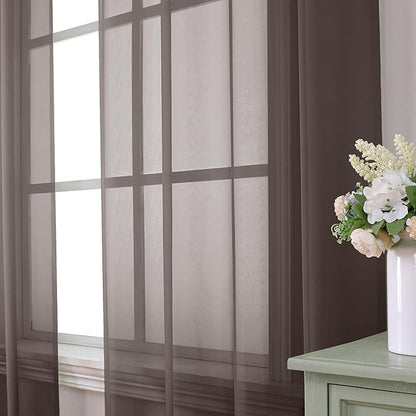 Aiyufeng Chocolate Sheer Curtains 45 Inches Long 2 Panels, Solid Voile Top Dual Rod Pockets Stylish Breathable Drapes Window Treatment for Kid's Room/Bedroom/Living Room, 42W x 45L, Chocolate Brown