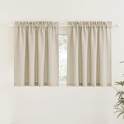RYB HOME Semi Sheer Curtains - Linen Textured Fabric Privacy Sheer Light Filtering Window Decor for Bedroom Kitchen Bath Kids Nursery, Beige, Wide 52 x Long 45 inch, Set of 2