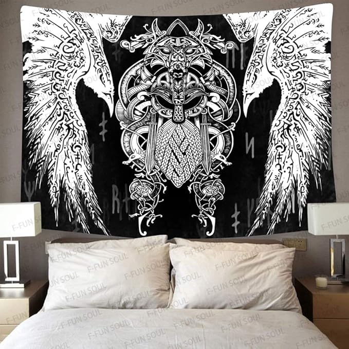 F-FUN SOUL Vikings Tapestries Norse Warriors Tapestry 80x60inches Scandinavian Tapestry Twins Ravens Nordic Viking Odin Wall Hanging Tapestries for Living Room Bedroom Viking Decor GTLSFS411