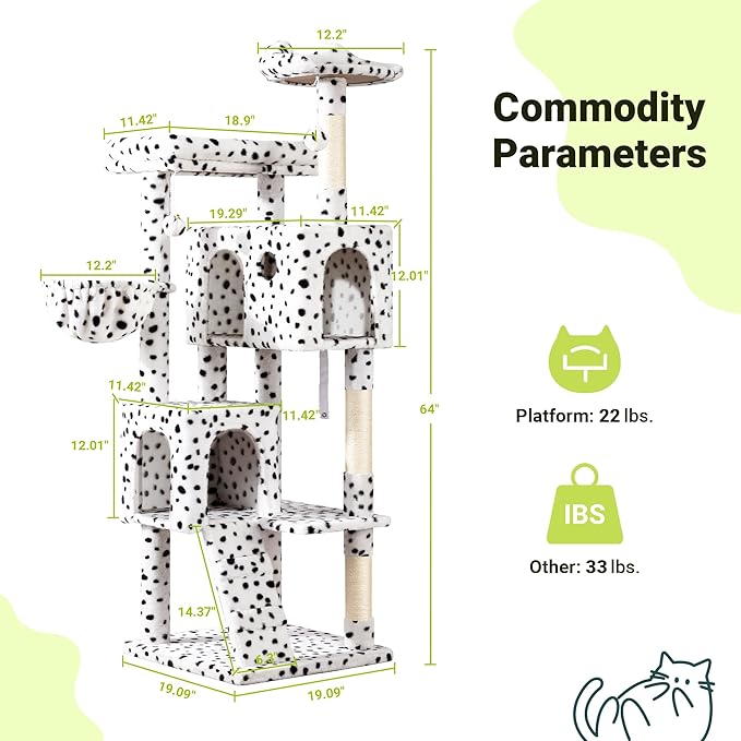 Allewie 64 Inches Cat Tree Tower/Multi-Level Activity Center for Indoor Big Felines/2 Plush Condos/2 Perchs/Basket/House/Sisal Scratching Posts/Hanging Cat Toys/White & Black Spot-Mewly Pet