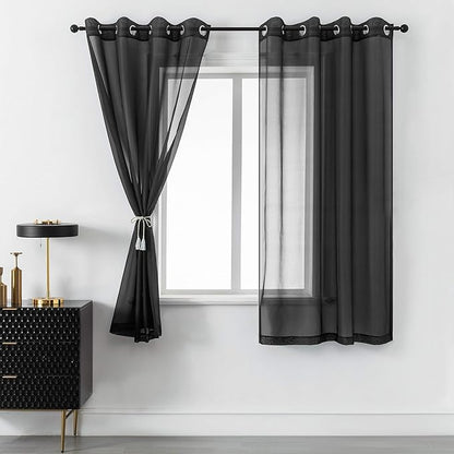 DUALIFE Gorgeous Black Sheer Curtains 63 Inch Length for Bedroom Set of 2 Panels Grommet Semi Voile Window Drapes Elegant Office Curtains for Men Living Room 52x63 Inches Long