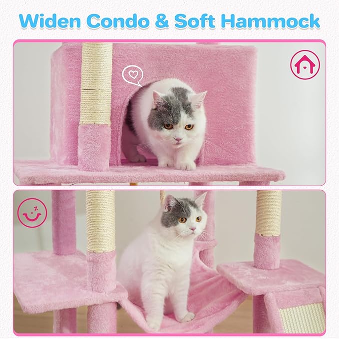 Cat Tree Tower 63in Multi-Level Cat Tower for Indoor Cats with Sisal Scratching Posts, Condo, Hammock, Dangling Ball and Extended Platform for Cats to Play, Pink-Mewly Pet