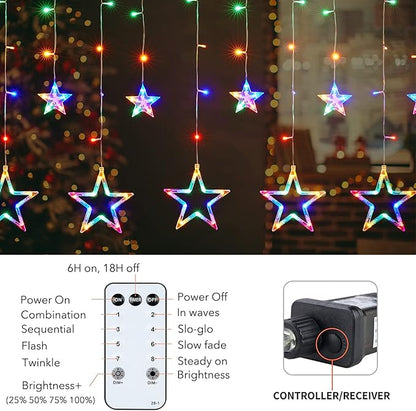 Star Curtain Lights for Bedroom - Plug-in 9ft 138 LED Fairy Twinkle Lights with 12 Star Drops, Connectable Window Lights with Remote 8 Lighting Modes for Indoor Xmas Ramadan Decoration, Multicolored