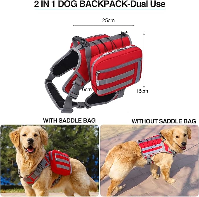 BYGD Dog Hiking Backpack, Dog Backpack for Medium to Large Dogs, with Large Capacity, 2 Spacious Side Bags for Walking, Training, Running, Harnessing Outdoor Hiking (L XL Red).-Mewly Pet