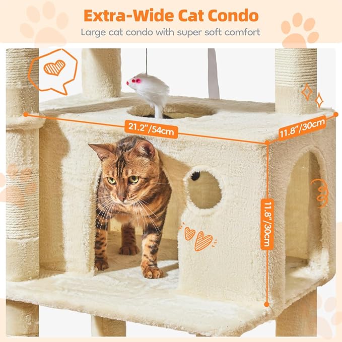 Taoqimiao Large Cat Tree，73-Inch Cat Tree Tower with 9 Scratching Posts for Indoor Cats, 2 Large Cat Condo with Hammock, Hanging Basket, 2 Extended Platform, Beige MS013XLM-Mewly Pet