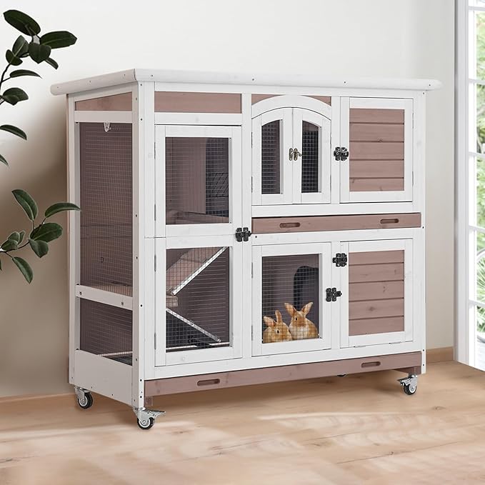 GUTINNEEN Large Rabbit Hutch Wooden Bunny Cage Indoor with Chew-Proof Ramp, 2-Story Guinea Pig Cages with Casters, Pull-Out Trays for Rabbits, Guinea Pigs, 47.2" L x 19.7" W x 42.1" H-Mewly Pet