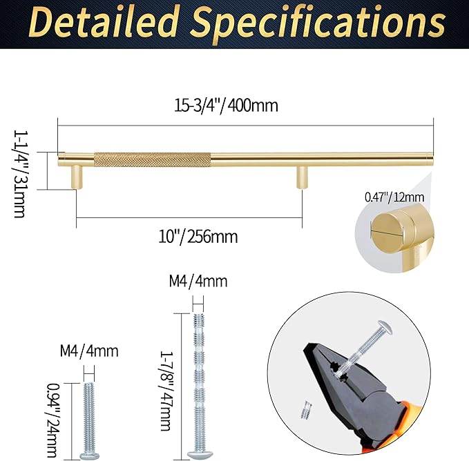 Knurled Cabinet Pulls 6 Pack, 16 Inch Long Cabinet Handles Metal Door Pulls, Kitchen Drawer Pull Knurled Dresser Handles - 10" Hole to Hole, Golden