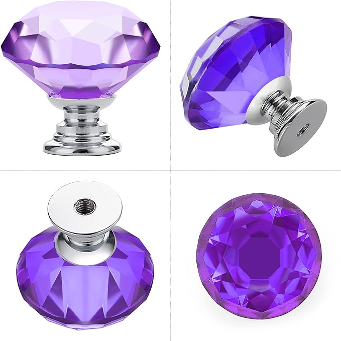 Ravinte 25 Pack Purple Crystal Knobs for Dresser Drawers Glass Cabinet Knobs Diamond Shaped Drawer Knobs - 30 mm Knobs with Silver Base