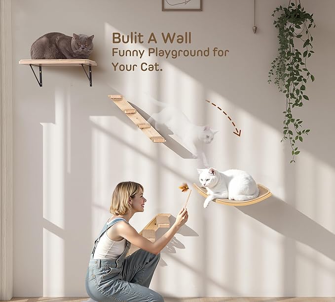 Cat Wall Shelves Set with Sisal Cats Window Perch, 4 Piece Wood Climbing Furniture with Curved Sisal Bed, Flat Shelf & Two Wall-Mounted 4 Steps Cat Stairs-Mewly Pet