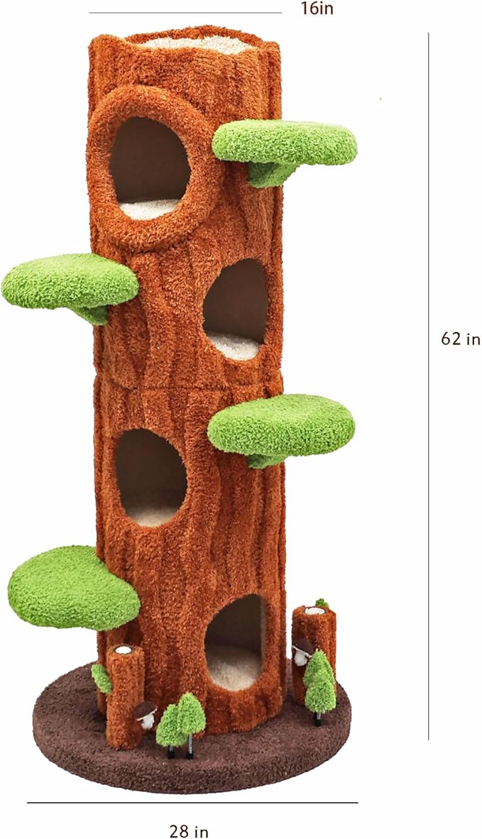 Magic Forest Cat Tree Tower, 62 inches Tall, Real Solid Wood Cat Tree for Multi-Cat Household-Mewly Pet