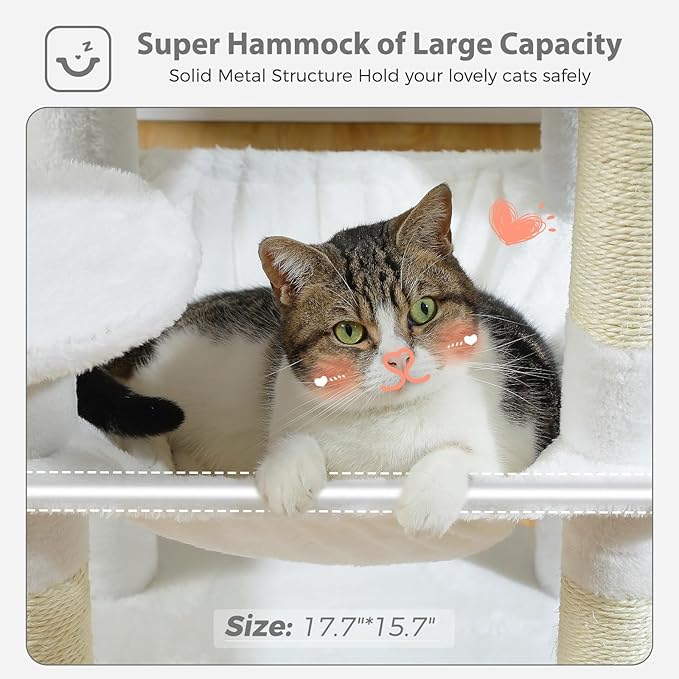 PETEPELA 45.7" Cat Tree for Large Cats, 5-Level Cat Tower for Indoor Cats with Large Hammock (17.3"x15.3"), Cat Condo with (18.5"x13") Big Top Perch & 4 Sisal Covered Scratching Post, White-Mewly Pet