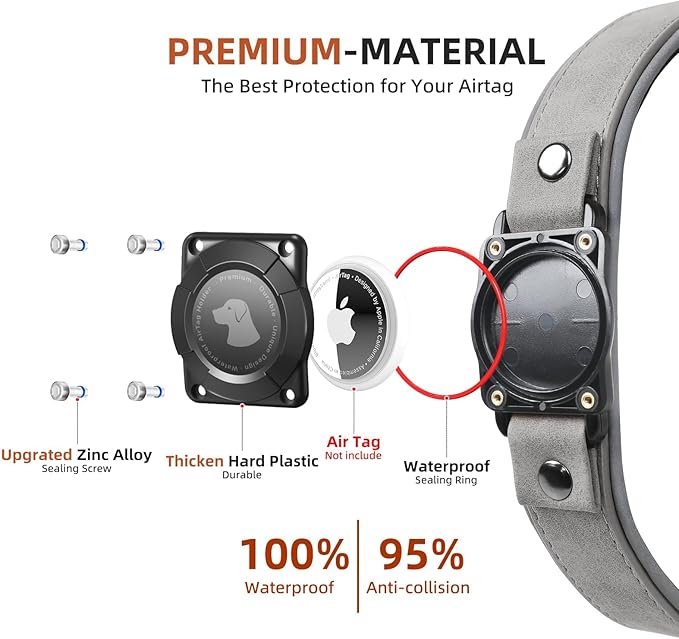 AirTag Dog Collar - Leather Dog Collar with Air Tag Holder | IPX8 Waterproof, Reflective, High - End, Adjustable Soft Padded | Dog GPS Tracker Collars Fit for Medium Large Dogs (Grey, XL)-Mewly Pet