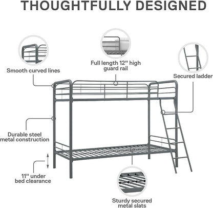 DHP Twin-Over-Twin Bunk Bed with Metal Frame and Ladder, Space-Saving Design, Silver Twin/Twin