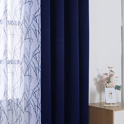 BONZER Mix and Match Curtains - 2 Pieces Branch Print Sheer Curtains and 2 Pieces Blackout Curtains for Bedroom Living Room Grommet Window Drapes, 54x95 Inch/Panel, Indigo, Set of 4 Panels