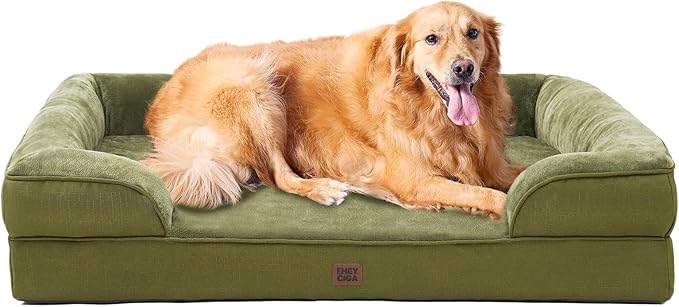 EHEYCIGA Orthopedic Dog Beds for Extra Large Dogs 44x32Inch, Waterproof Memory Foam XL Pet Bed with Sides, Non-Slip and Egg-Crate Foam Big Dog Couch Bed with Washable Removable Cover, Olive Green-Mewly Pet
