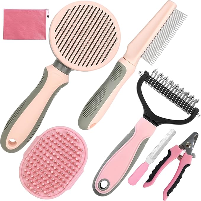 Pet Grooming Kit - 7 PCS Deshedding Brush Set with Slicker, Undercoat Rake, Bath Brush & Nail Clipper for Short & Long Haired Dogs, Cats (Pink)-Mewly Pet