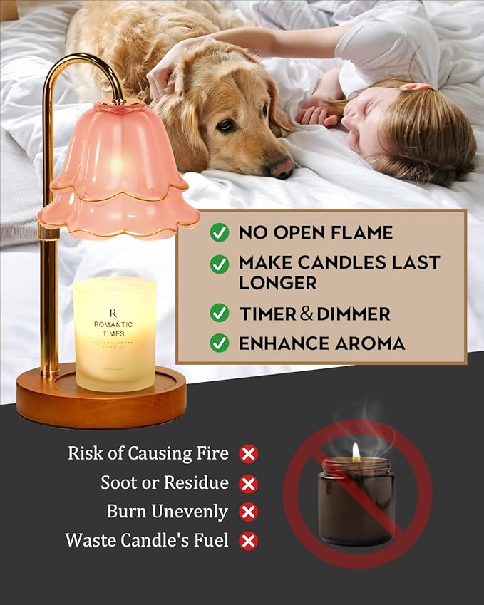 Pink Candle Warmer Lamp with Timer & Dimmer, Adjustable Height Birthday Gifts for Women Mom, Flower Candle Lamp Warmer, Wax Warmer with 2 Bulbs, House Warming New House Decorations