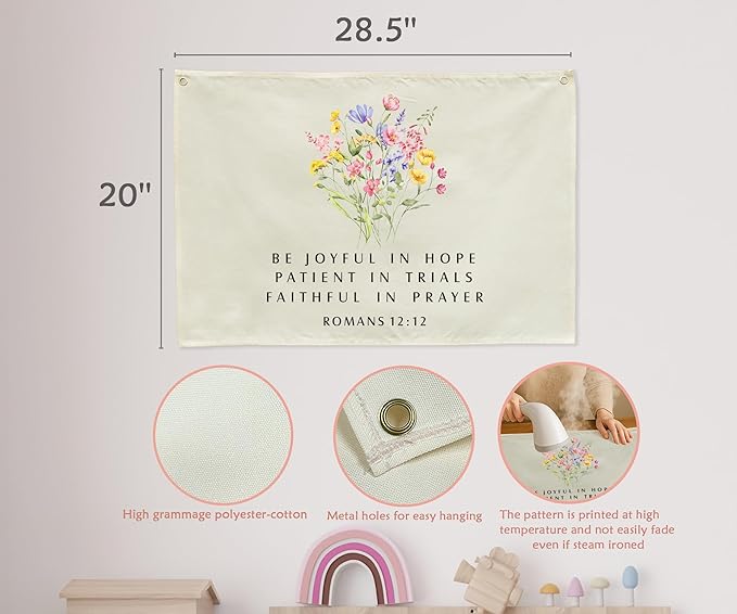 Christian Bible Verse Scripture Rectangular Banner Flag Sign Wall Art Gift for Kids Boys Girls-Nursery Baby Room Bedroom Reading Room Wall Decor-Baby Shower Baptism Christmas Gift-Be Joyful in Hope