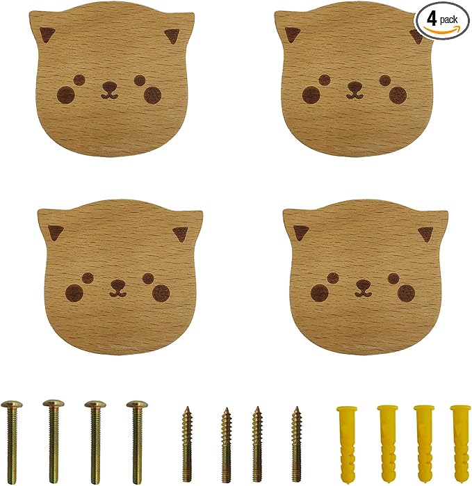 4PCS Wooden Cat Shaped Cabinet Knobs, Cabinet Handles, Single Hole Beech Wood Handles, Wood Hooks with Full Set of Screw Accessories