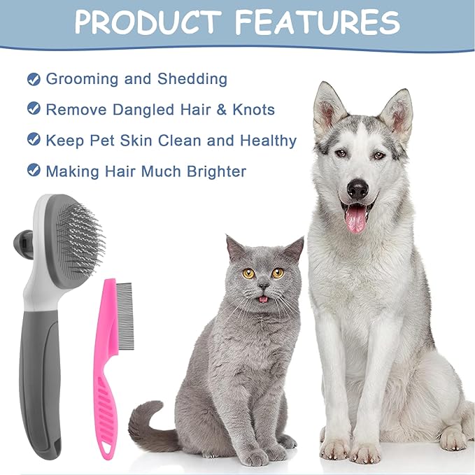 Cat Brushes for Indoor Cats, Dog Brush for Shedding with Metal Cat Comb, Self Cleaning Pet Hair Brush with Release Button for Grooming Kitten(Dark Grey)-Mewly Pet