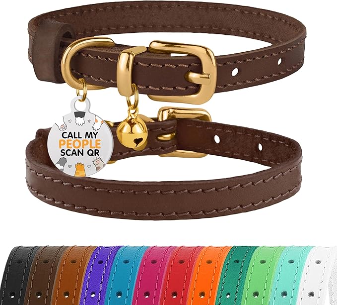 BRONZEDOG Leather Cat Collar with Removable Bells Non Breakaway Kitten QR Tag for Girl Boy (7" - 9" for Cats, Dark Brown & Gold)-Mewly Pet