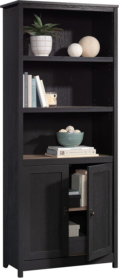 Sauder Cottage Road Book Shelf, Bookshelf with Storage, Library Bookcase with Doors and Adjustable Shelves, in Raven Oak Finish