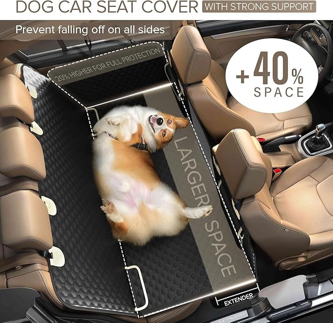 SHARLOVY Back Seat Extender for Dogs, Heavy Duty Dog Car Seat Cover for Back Seat and Aggressive Chewer, Large Hard Bottom Seat Cover for Dogs, Dog Hammock for Car, Travel Pet Bed for Car, SUV, Truck-Mewly Pet